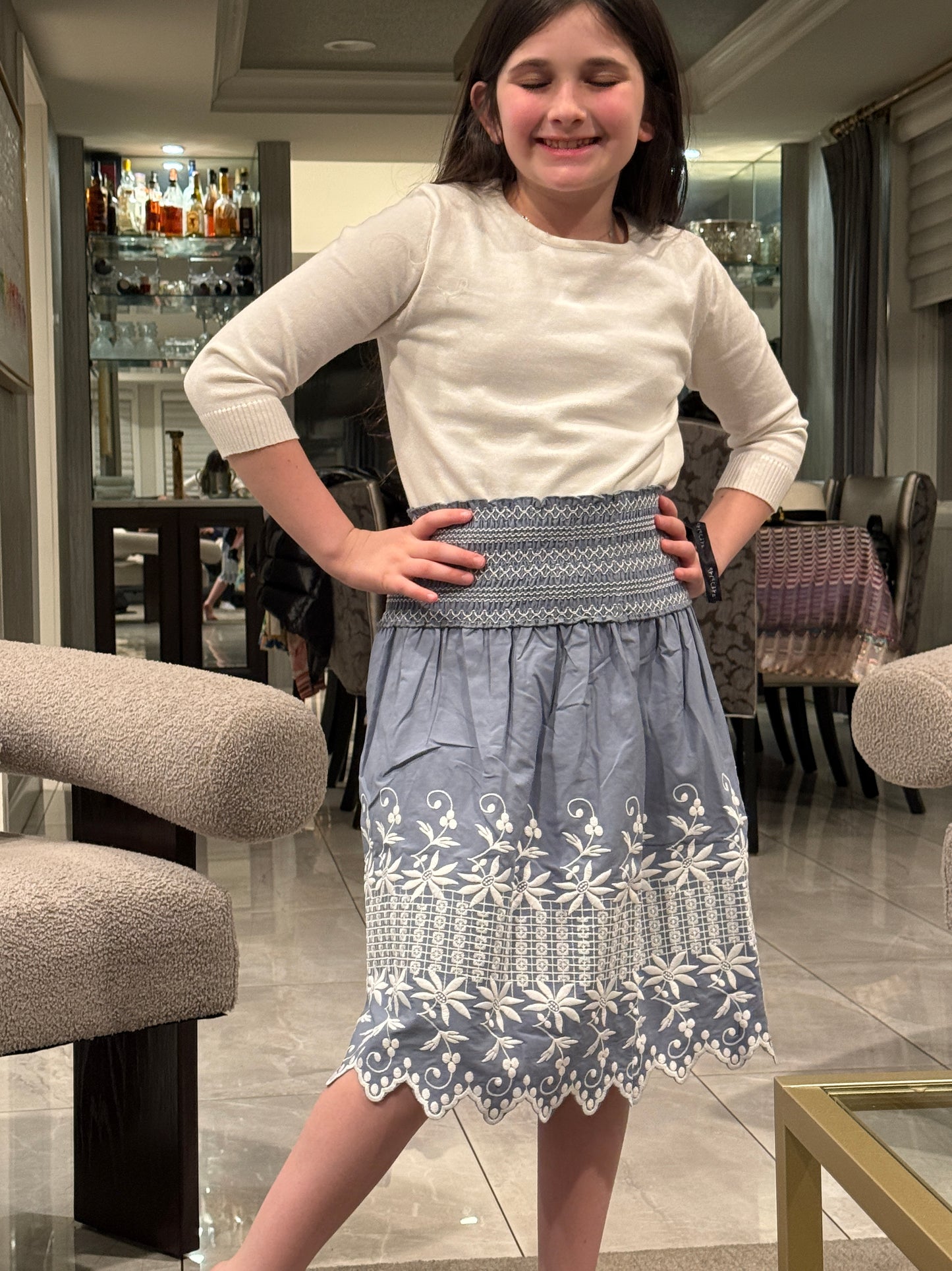 Ocean Blue Skirt w/ White Embroidery & Scalloped Edge 2137