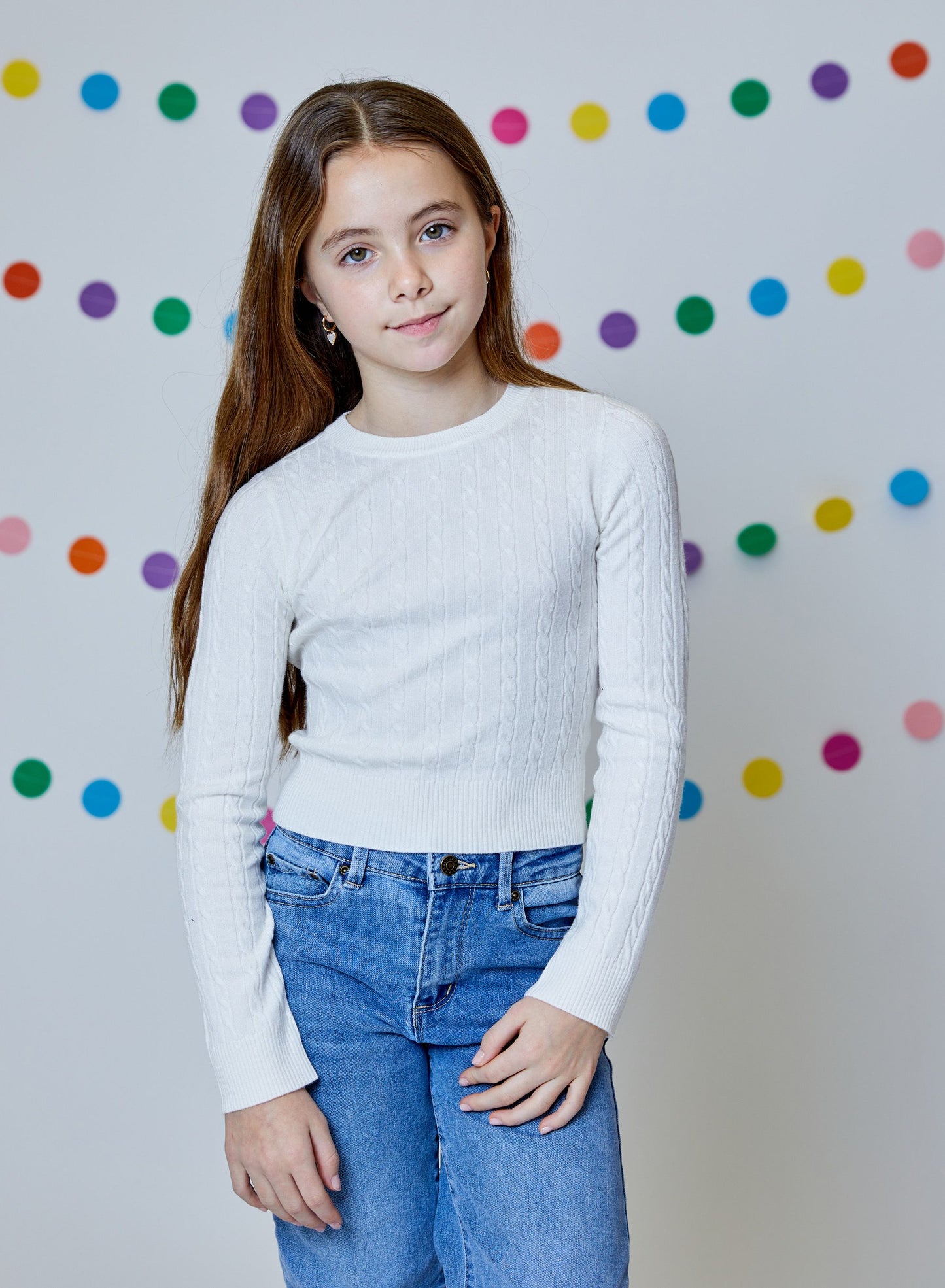 GCB9398 White Cable Knit Crewneck