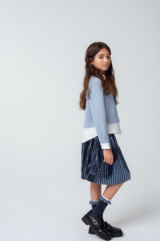 SK07487 Shiny Blue Pleated Skirt