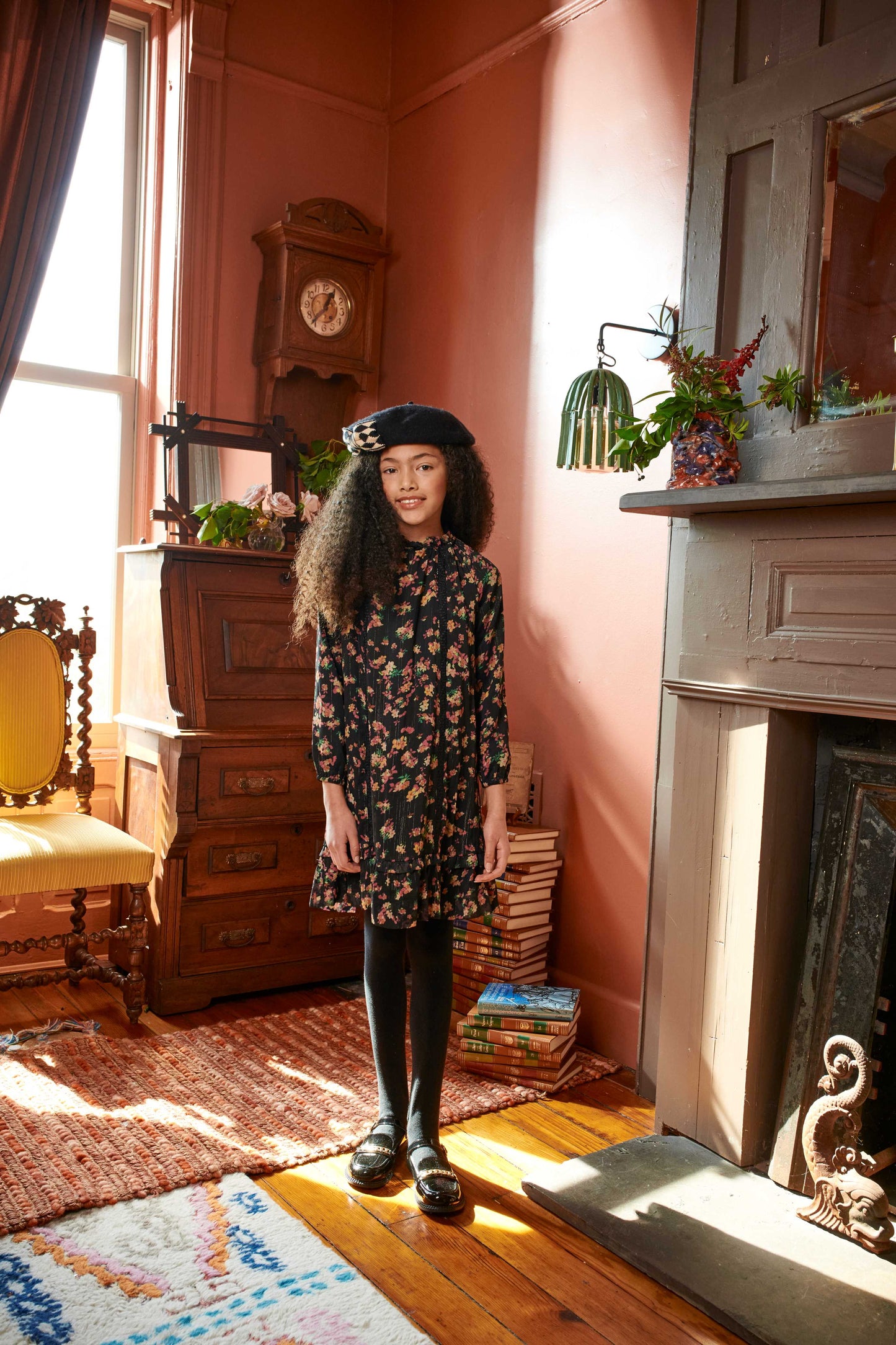 Black Chiffon w/ Colorful Floral Metalloic Lace Inlet Dress 1953