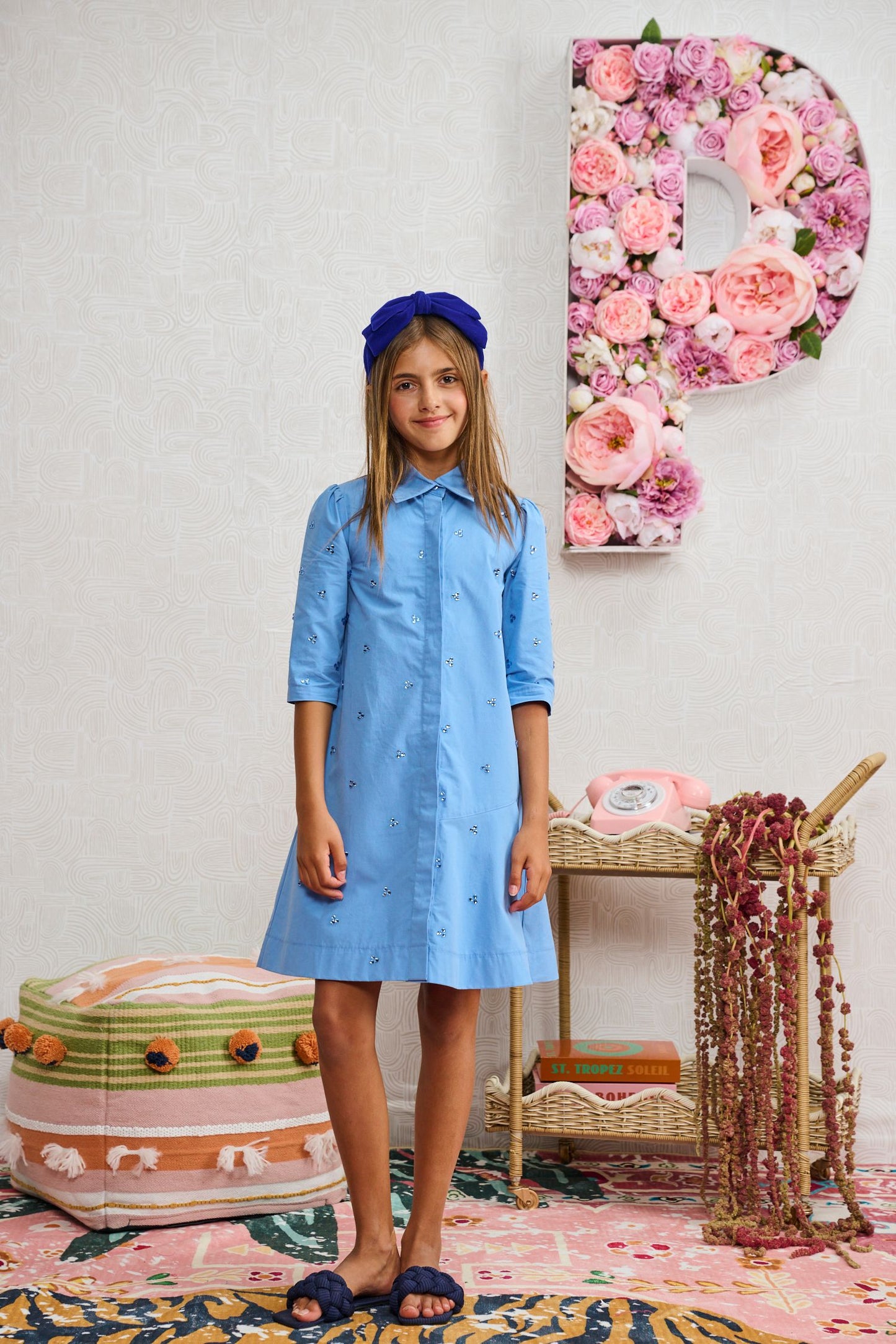 Blue Button Down Dress w/ Stone Clusters 2368
