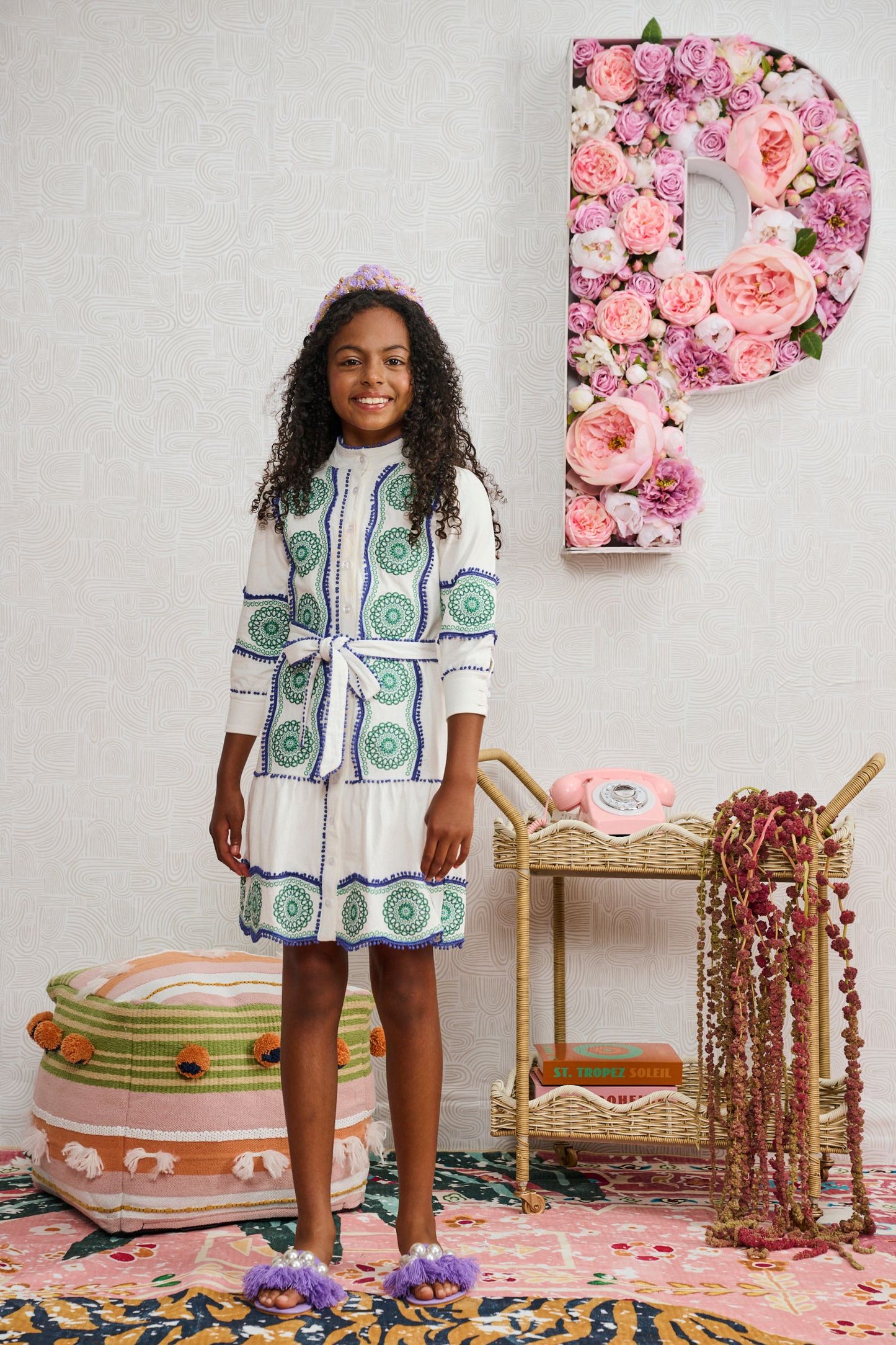 White w/ Kelly Green Blue Circle Embroidery Dress 2379