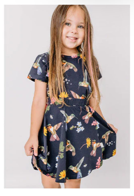 Hummingbirds Around Flowers-Flared Dress