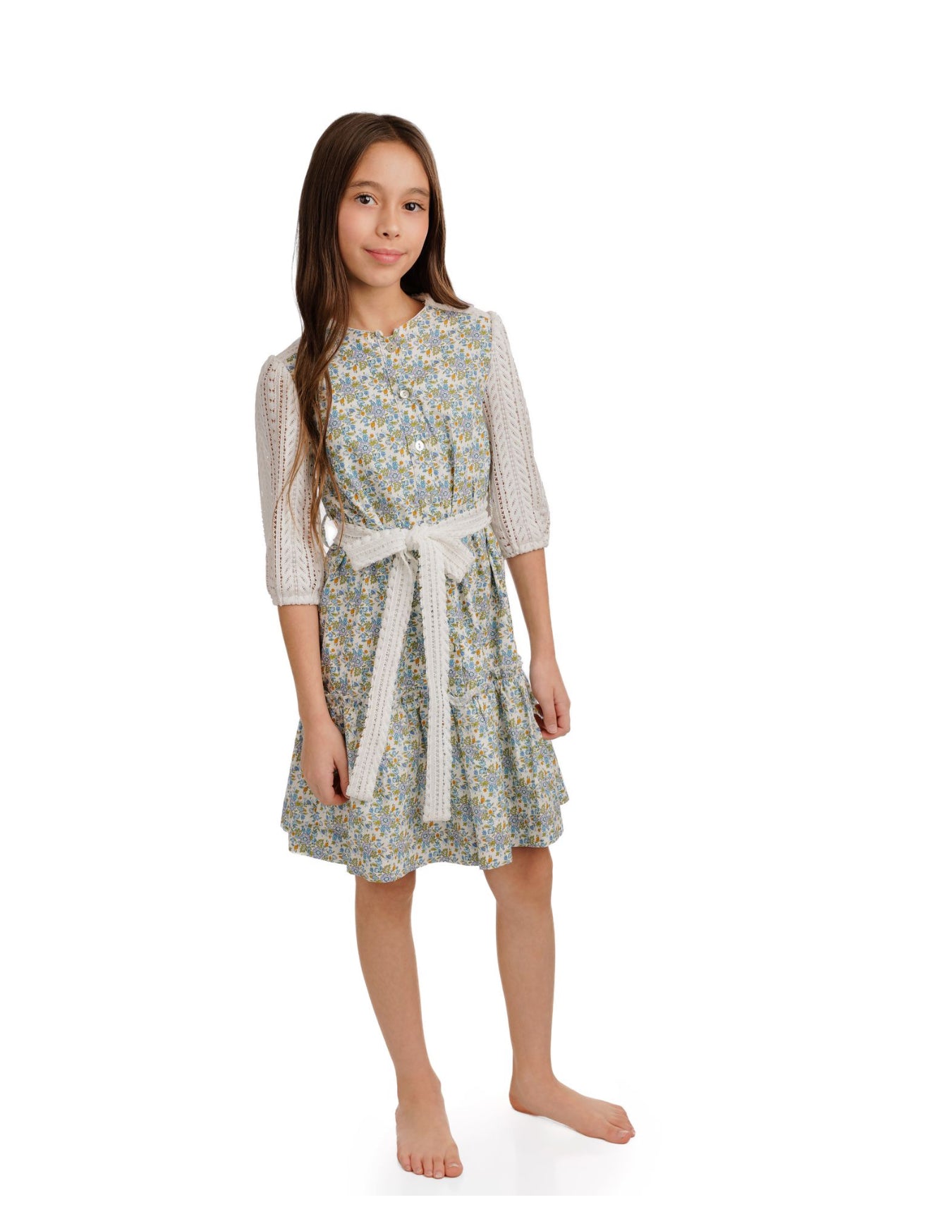 Ivory Lace Sleeve Belt Floral Dress GS5021D-A