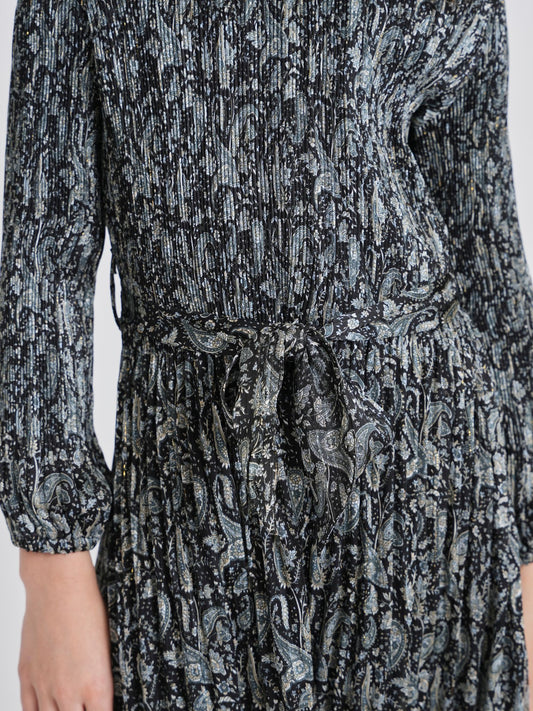 Black Micro Pleated Paisley Dress GW23448-A