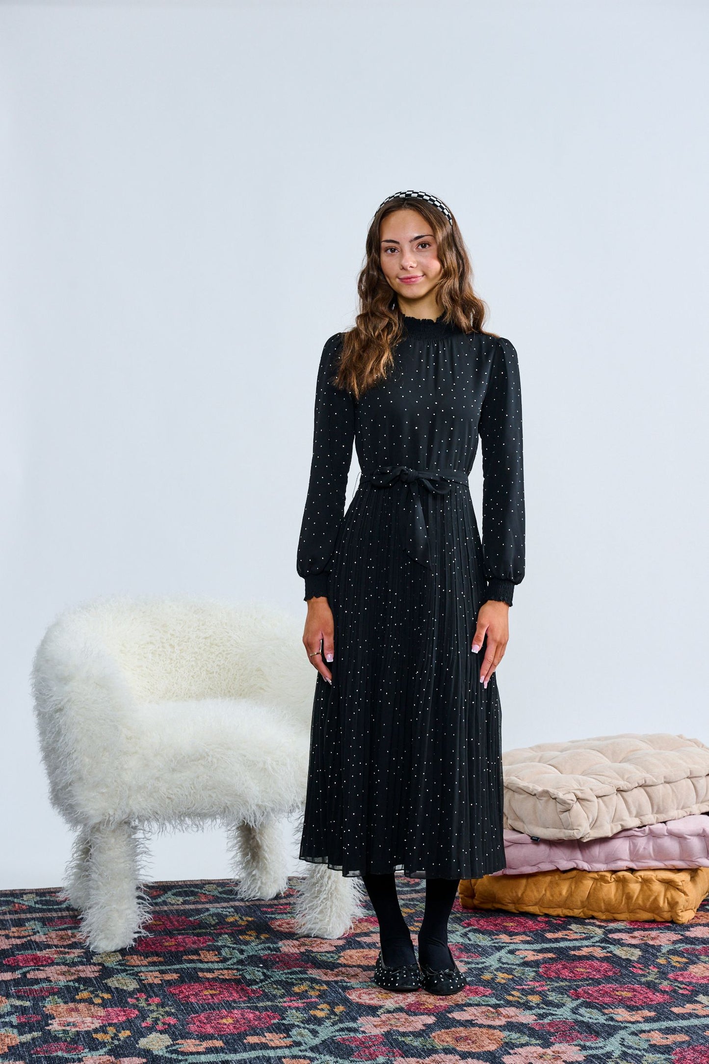 Black Sparkle Chiffon w/ Pleated Waist Dress T-1342