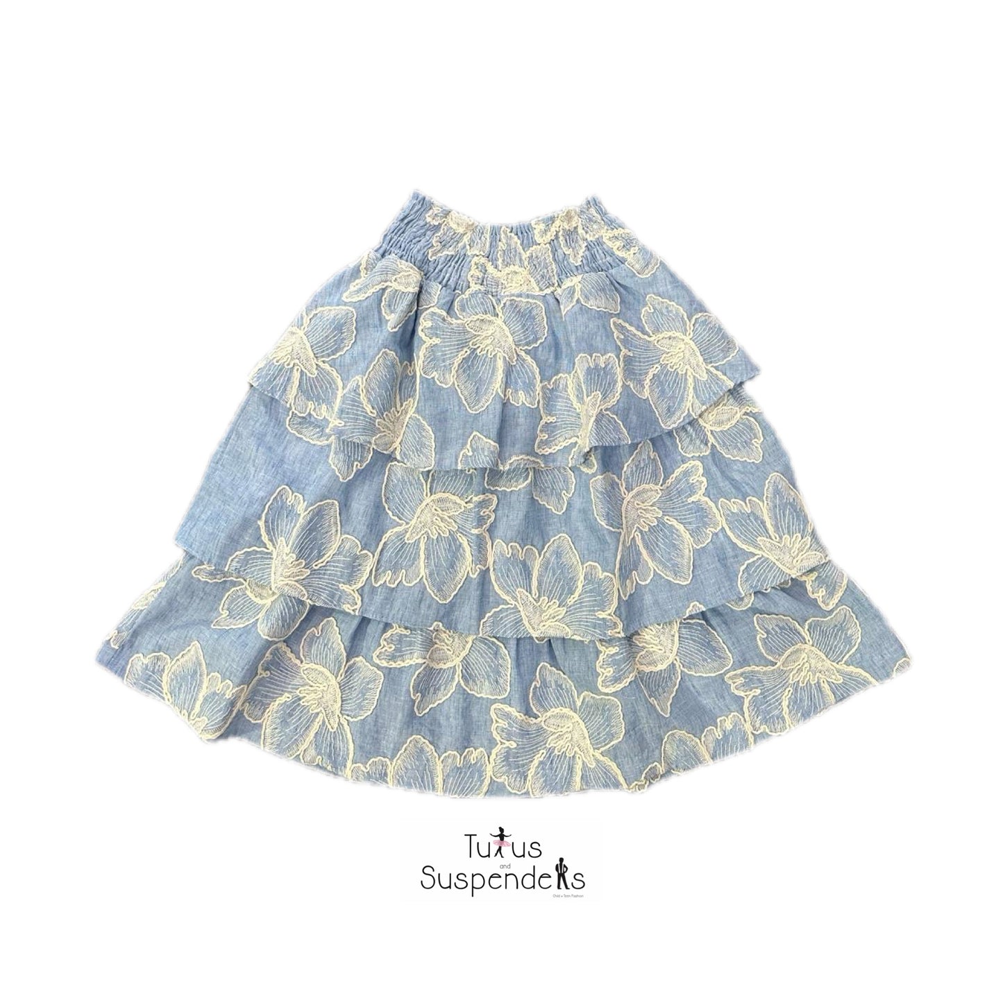 Ariella Embroidered Chambray Multi Tiered Skirt J261-995