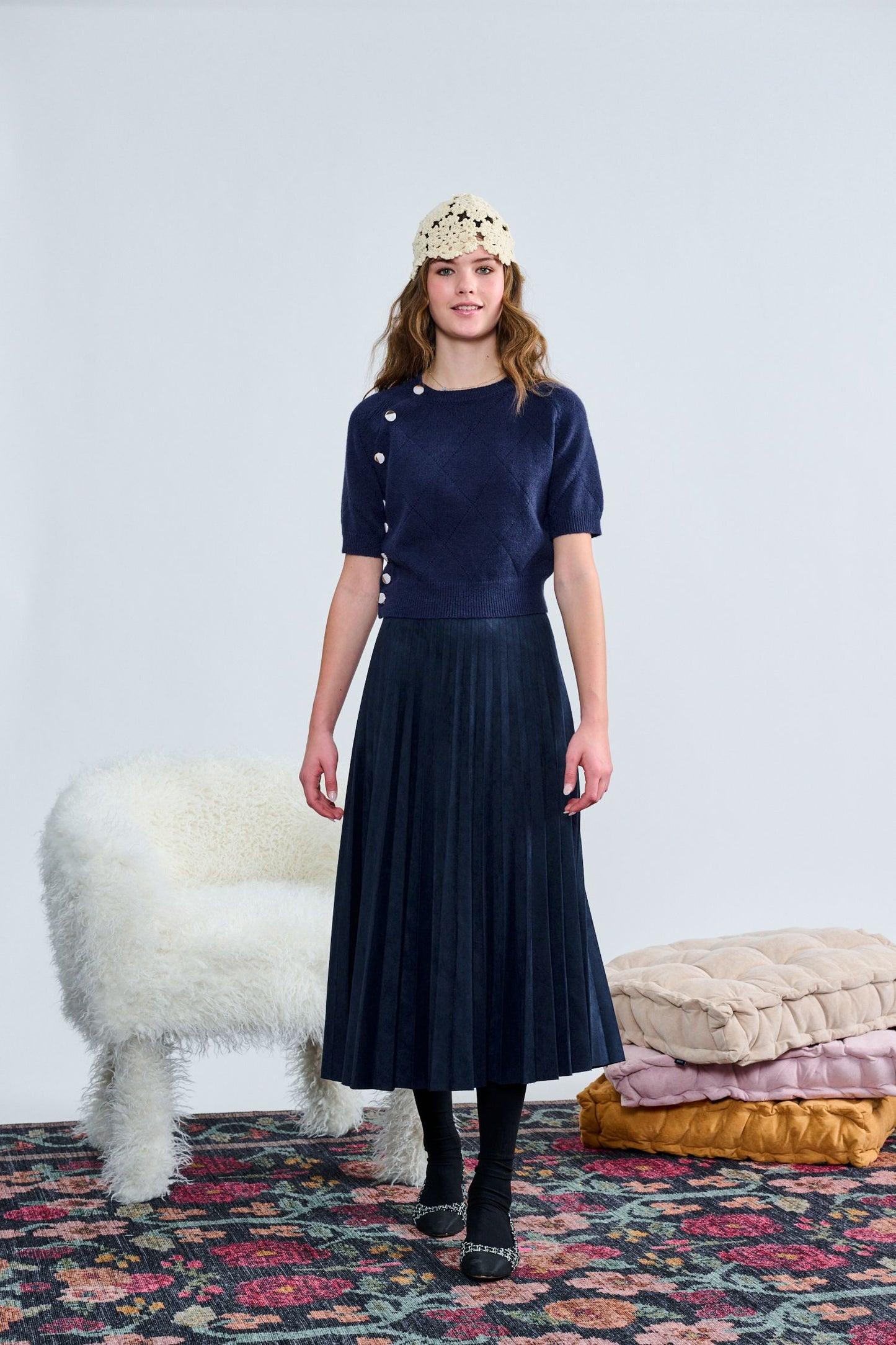 Navy Knit Top W/ Button Detail T-1362
