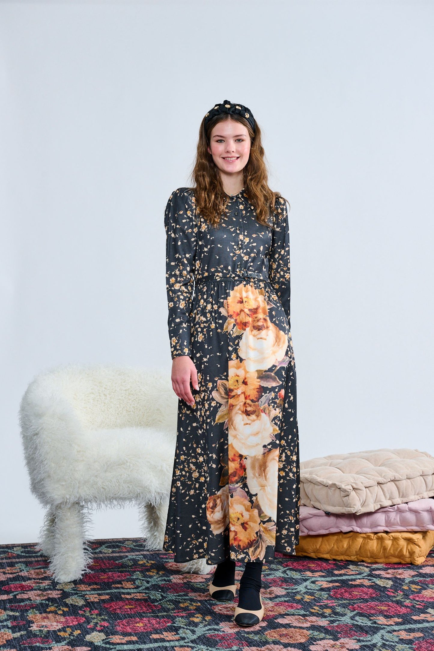 Black Dress w/ Floral Design T-1433