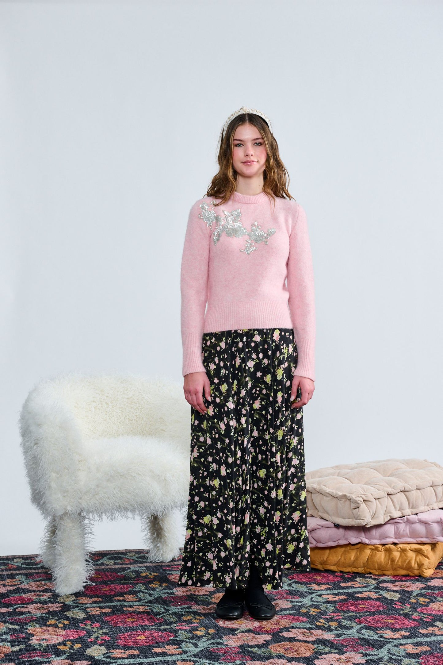 Pink Knit Top w/ Silver Sequin Detail T-1432