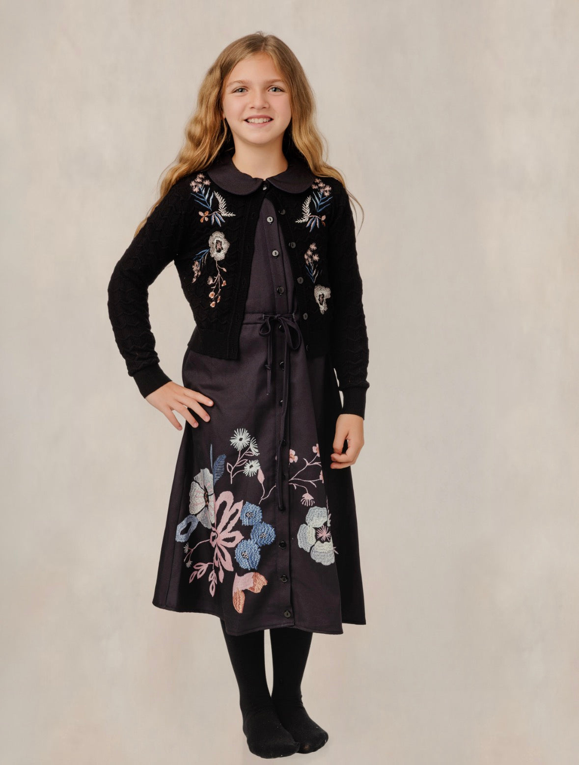 Black Overlay Dress w/ Blue Floral Floral Cardigan GW6039D-A