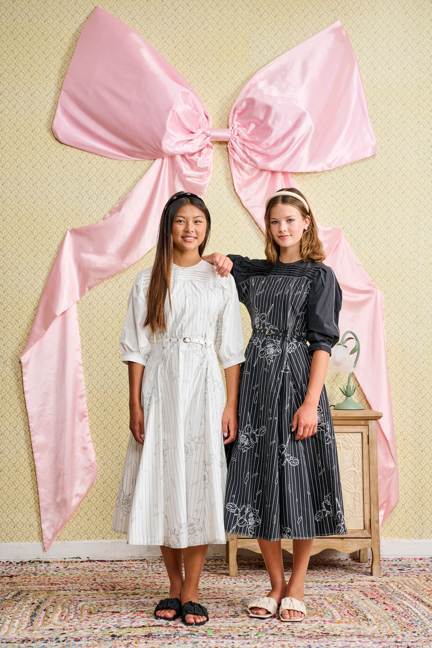 White Pinstripe Dress w/ Black Embroidery T-1222