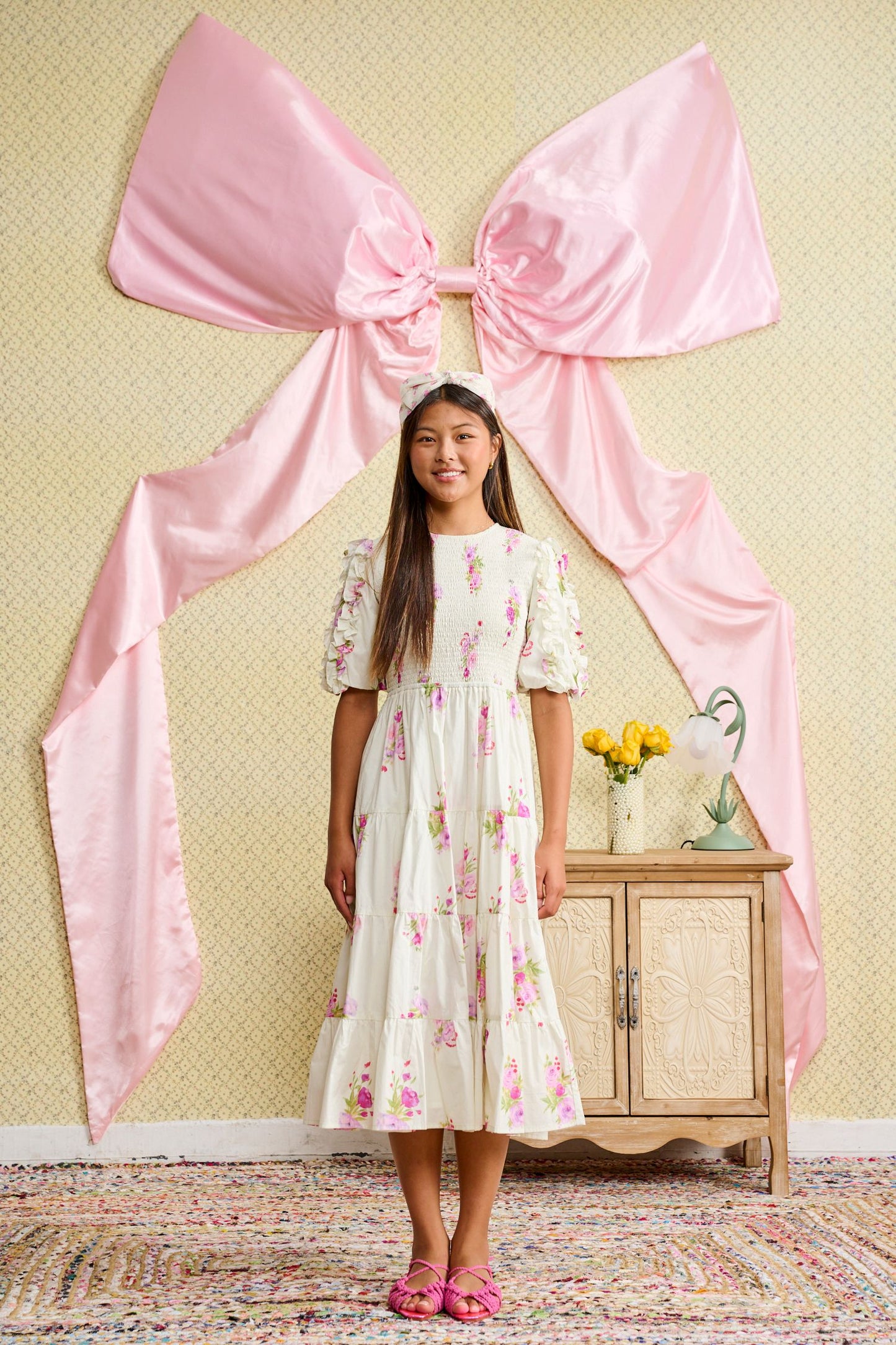 Floral Print Dress w/ Shirred Waist T-1245-A