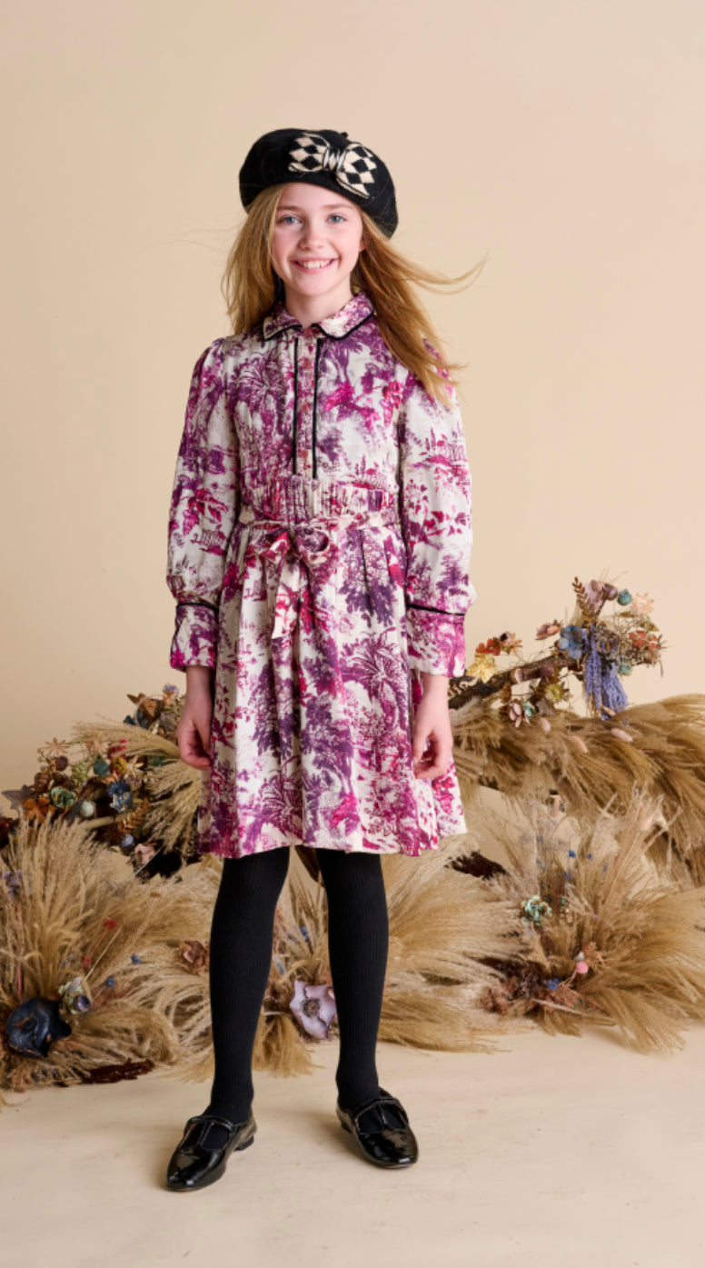 Ivory with Pink Purple Design Sateen Dress 1533