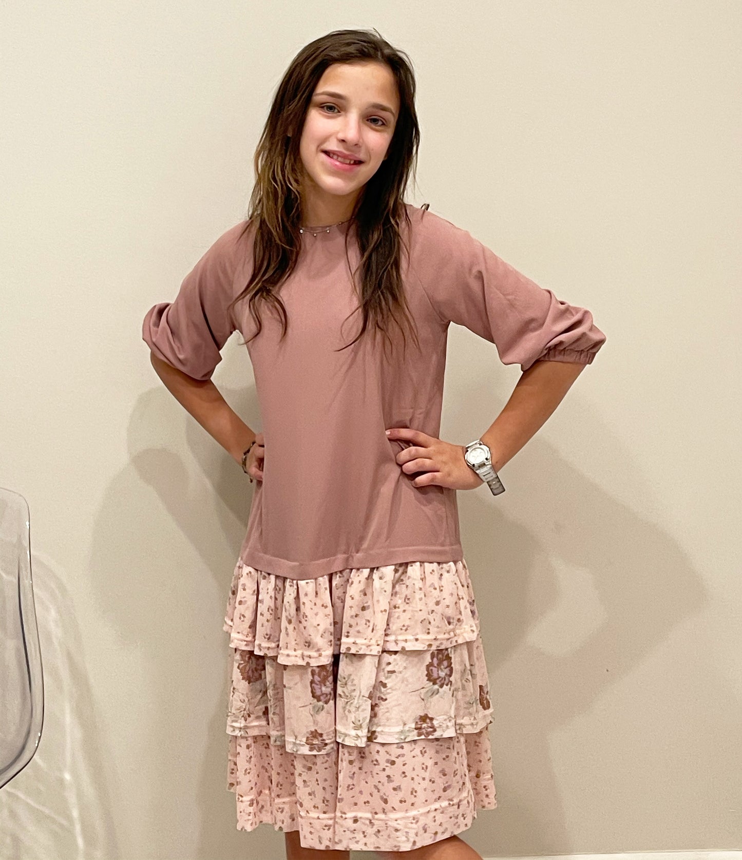 Pink Crepe Flower Print Dress TLR2146-A