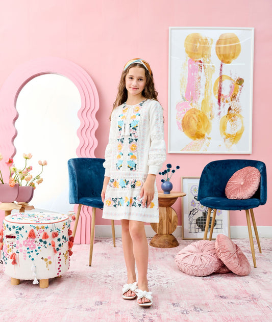 White w/ Colorful Embroidery Eyelet Detail Dress 2048