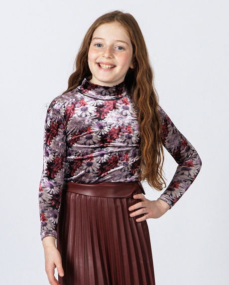M-5814 Velvet Burgundy Floral Mockneck