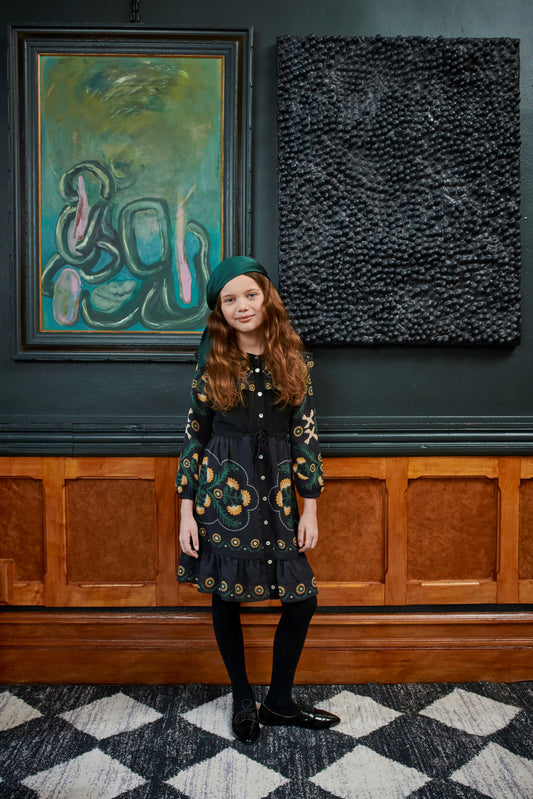 Black Chiffon w/ Large Gold Ivory Flower Design Dress 1923