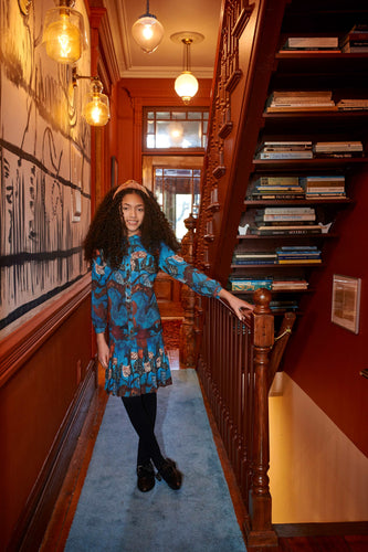 Teal w/ Colorful Squiggle Print Button Down Dress 1973