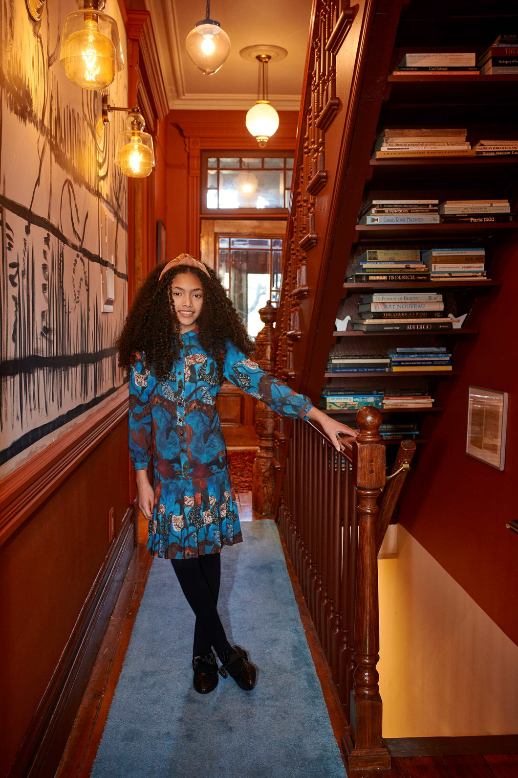 Teal w/ Colorful Squiggle Print Button Down Dress 1973