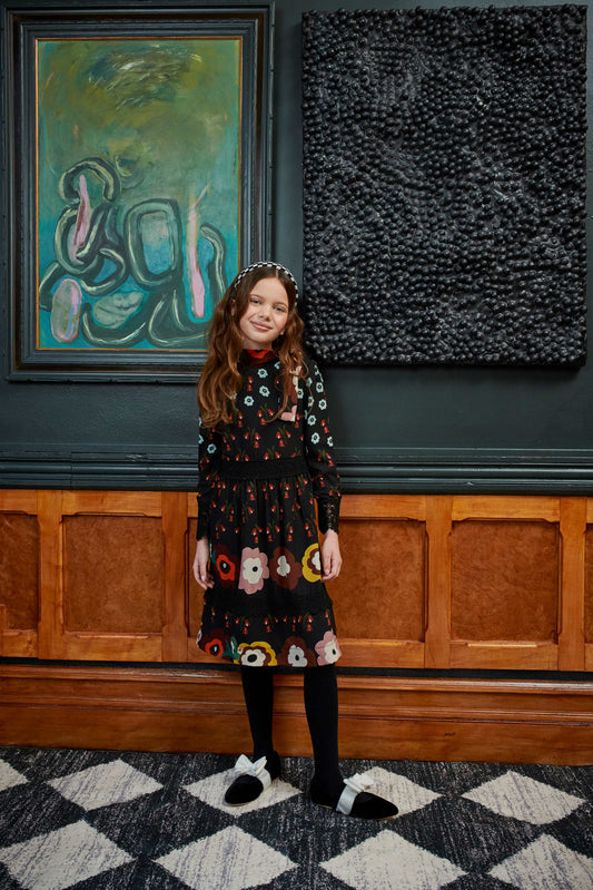 Black Chiffon w/ multicolor Flowers Applique Dress 2024