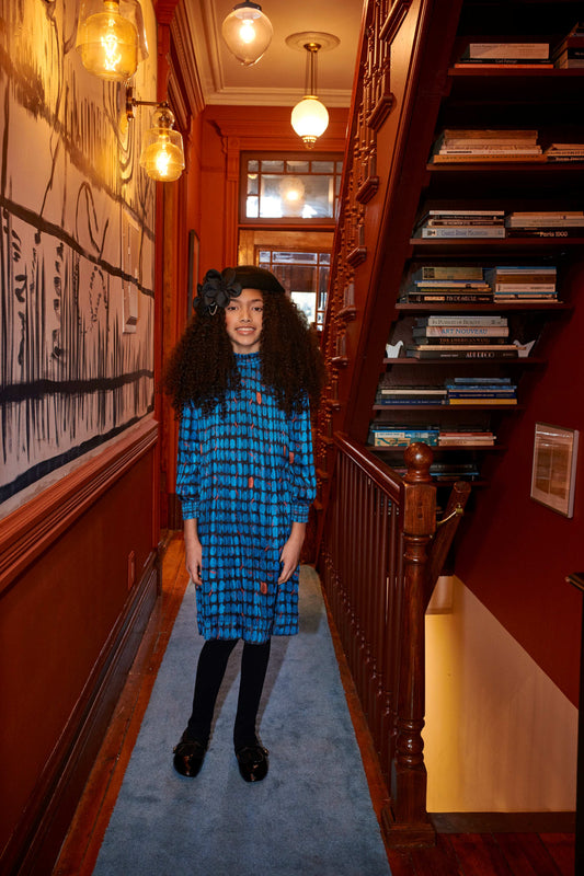 Blue Rust Oval Pleated Design Dress 2028