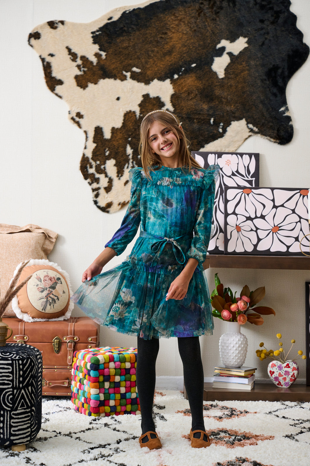 Green Tulle Print Dress 2228