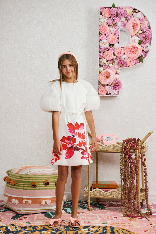 White Organza Puff Sleeve Dress 2280
