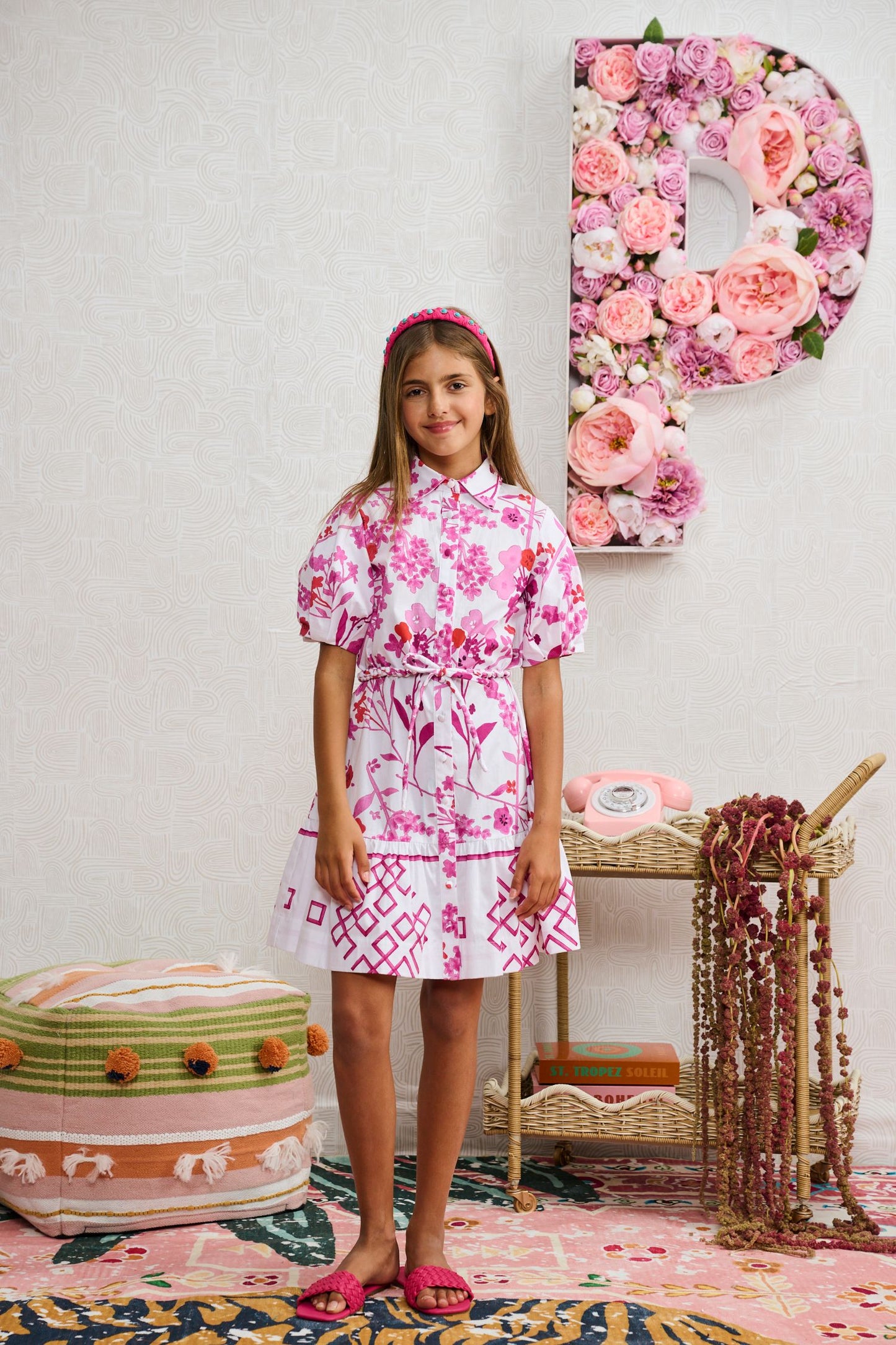 White Cotton w/ Magenta Print Button Down Dress 2317
