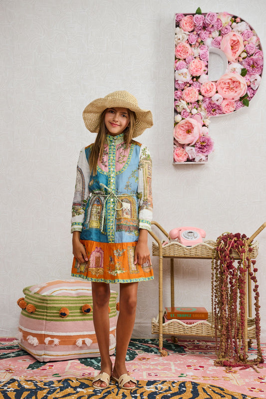 Lt. Blue Orange Printed Button Down Dress 2358