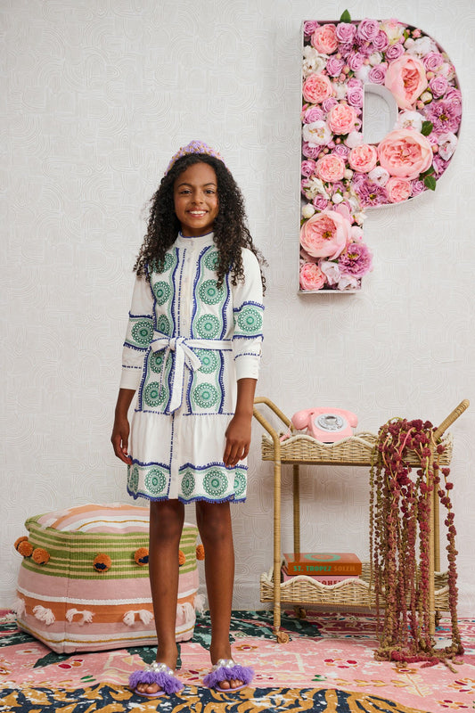 White w/ Kelly Green Blue Circle Embroidery Dress 2379