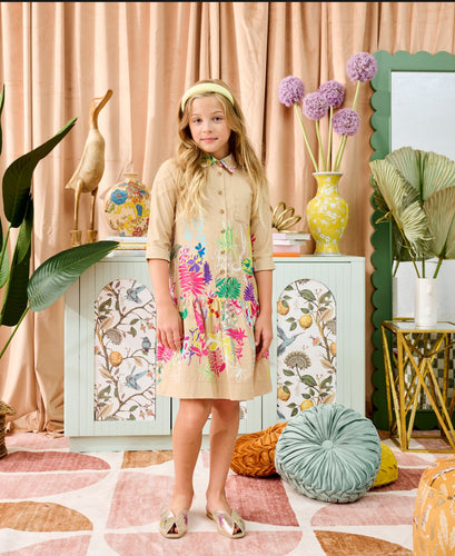 Sand w/ Neon Floral Button Down Dress 2047