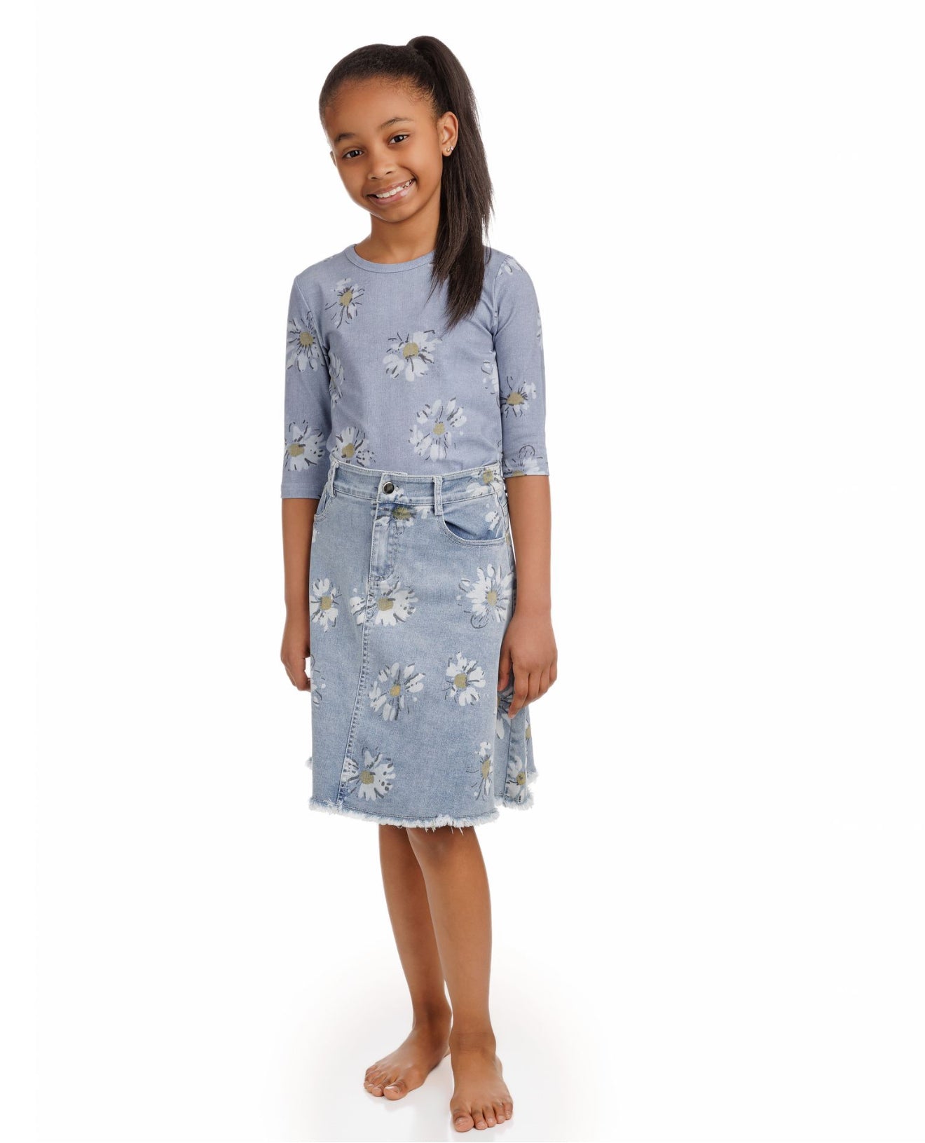 Light Denim Skirt With Flower Print And Frayed Edge GS51778S-A