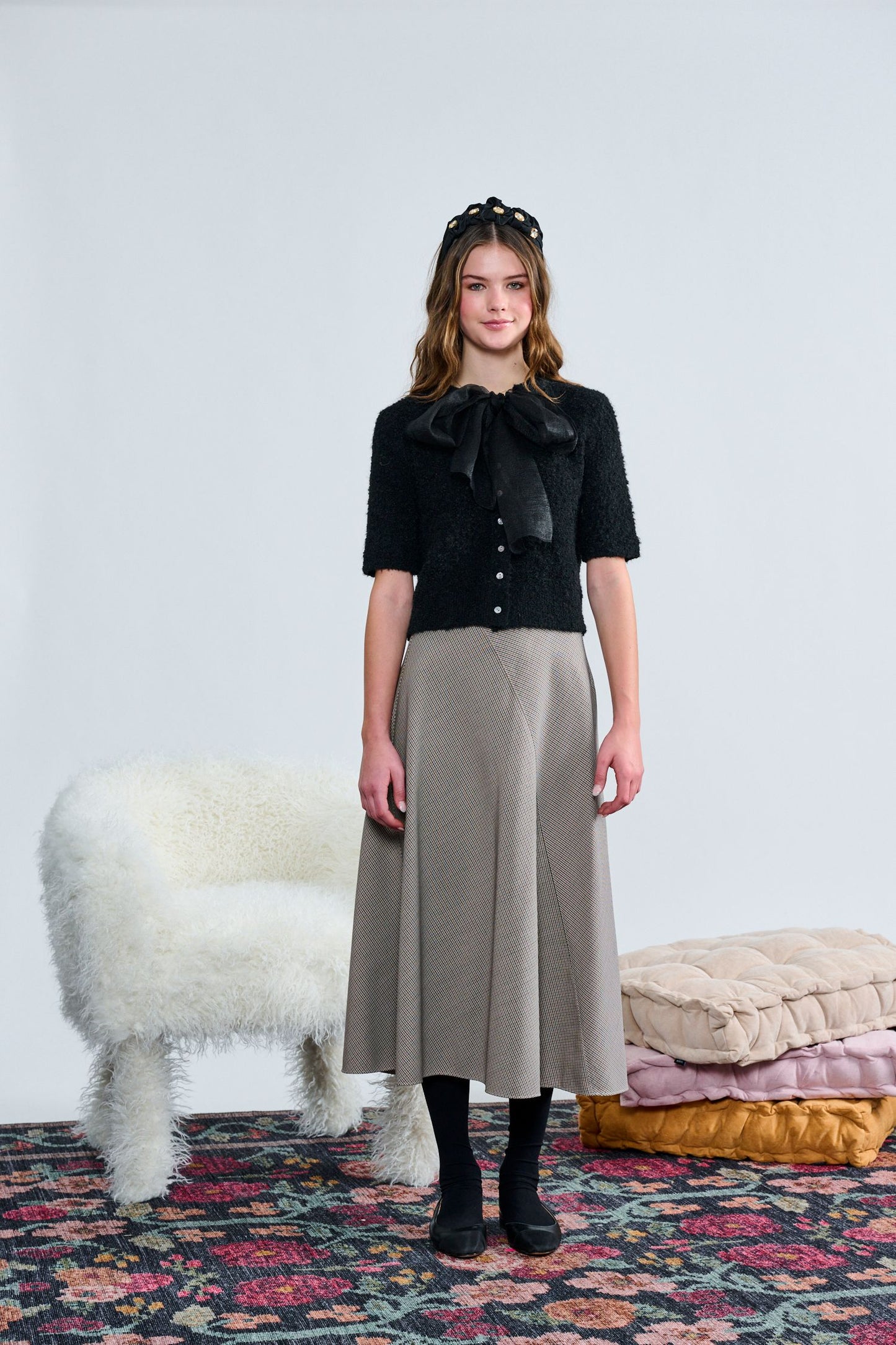 Black Fuzzy Knit Top w/ Bow  T-1378