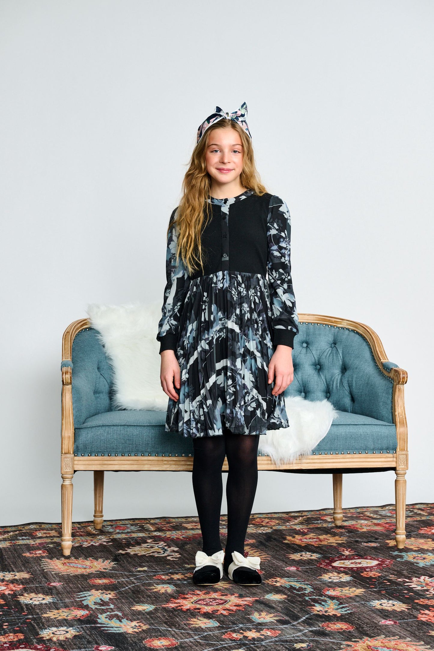Black Knit w/ Blue Floral Print Chiffon Dress 2509