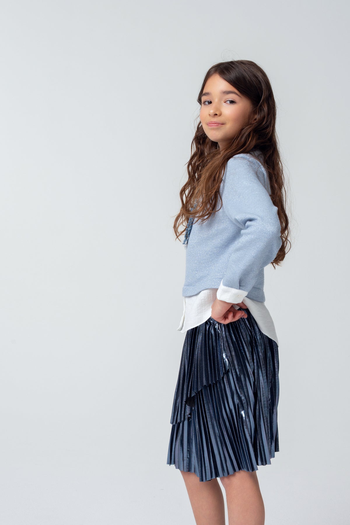 SK07487 Shiny Blue Pleated Skirt