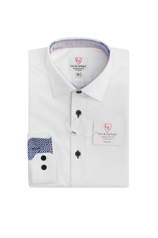 NON IRON White/Navy Stitch L/S Dress Shirt P5529