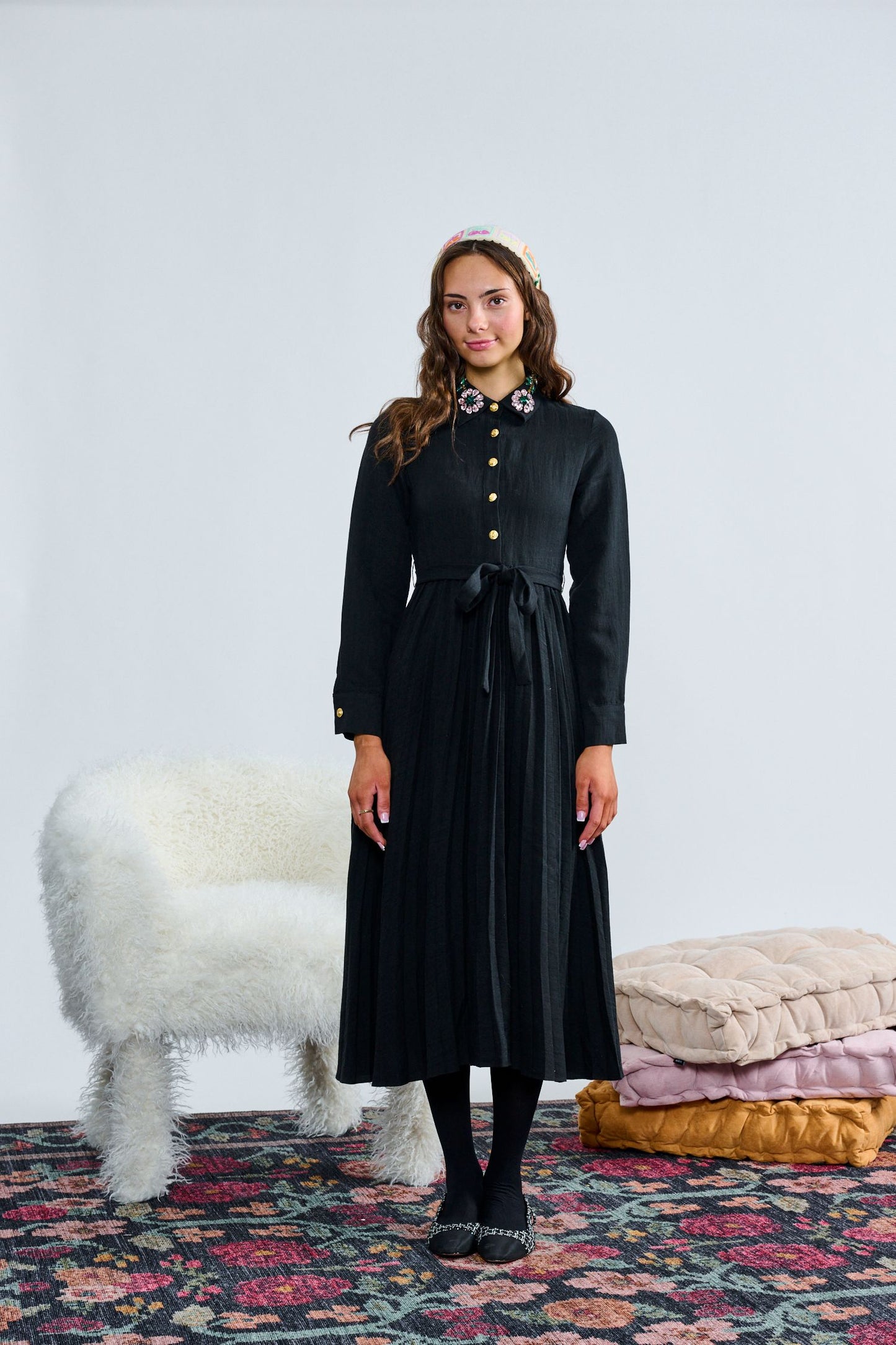 Black Beaded Applique Collar Dress T-1339