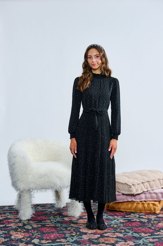 Black Sparkle Chiffon w/ Pleated Waist Dress T-1342