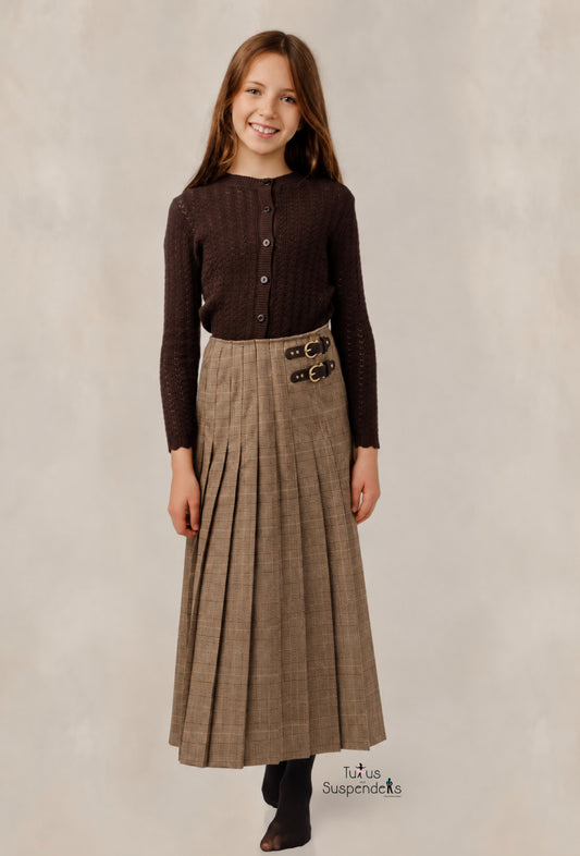 Mocha Plaid Pleated Skirt w/ Double Buckle GW6002S-A