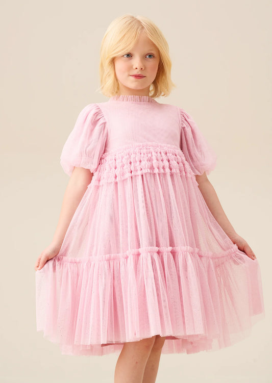 Madison Puff Sleeve Ruffle Waist Mesh Dress AR0431