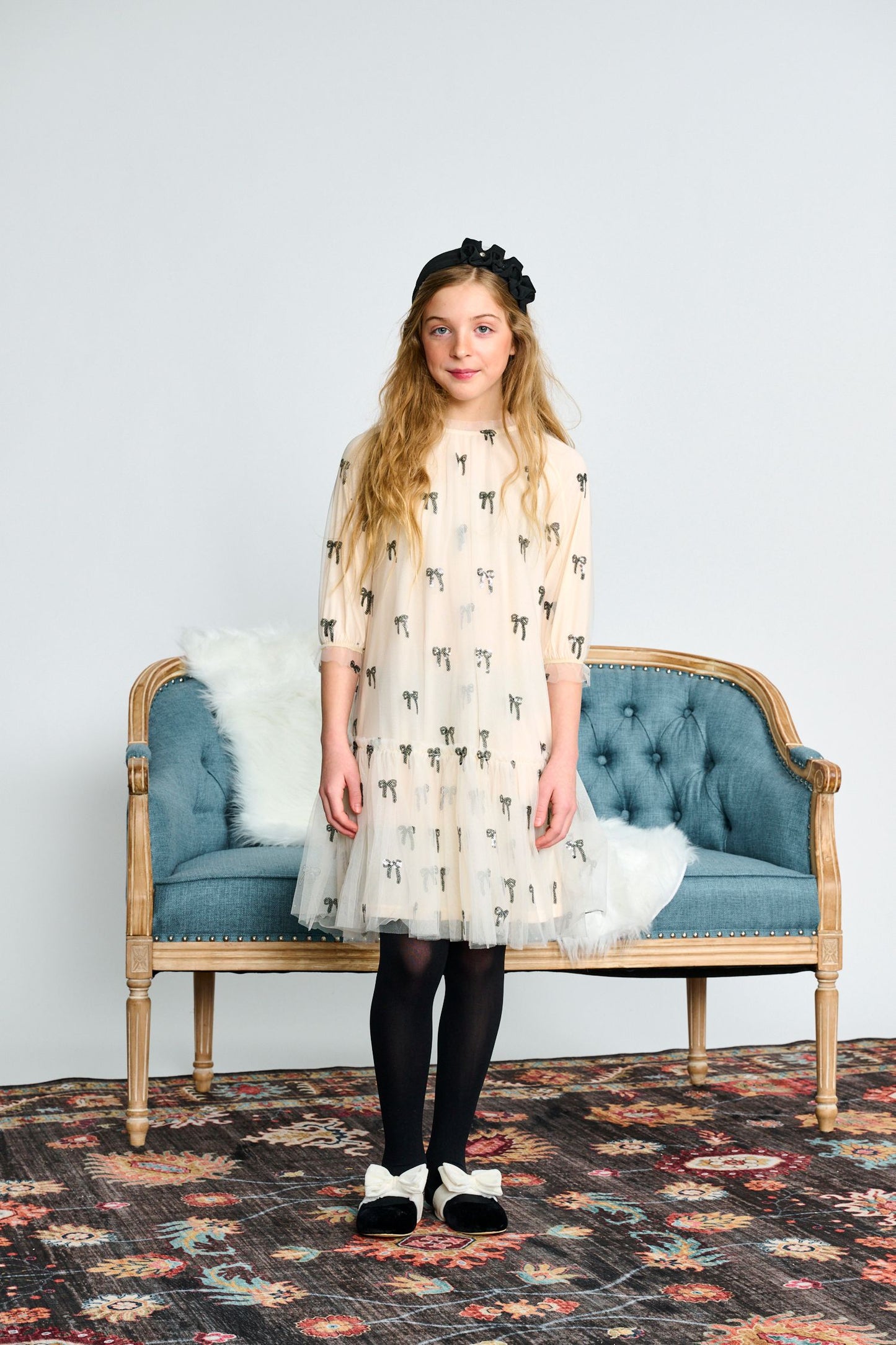 Ivory Tulle w/ Black Bow Design Dress 2563