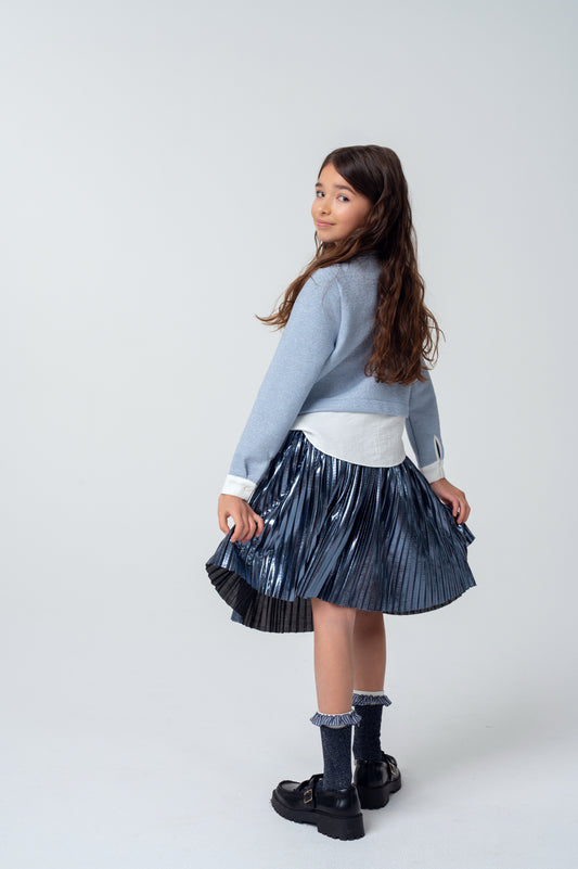 SK07487 Shiny Blue Pleated Skirt