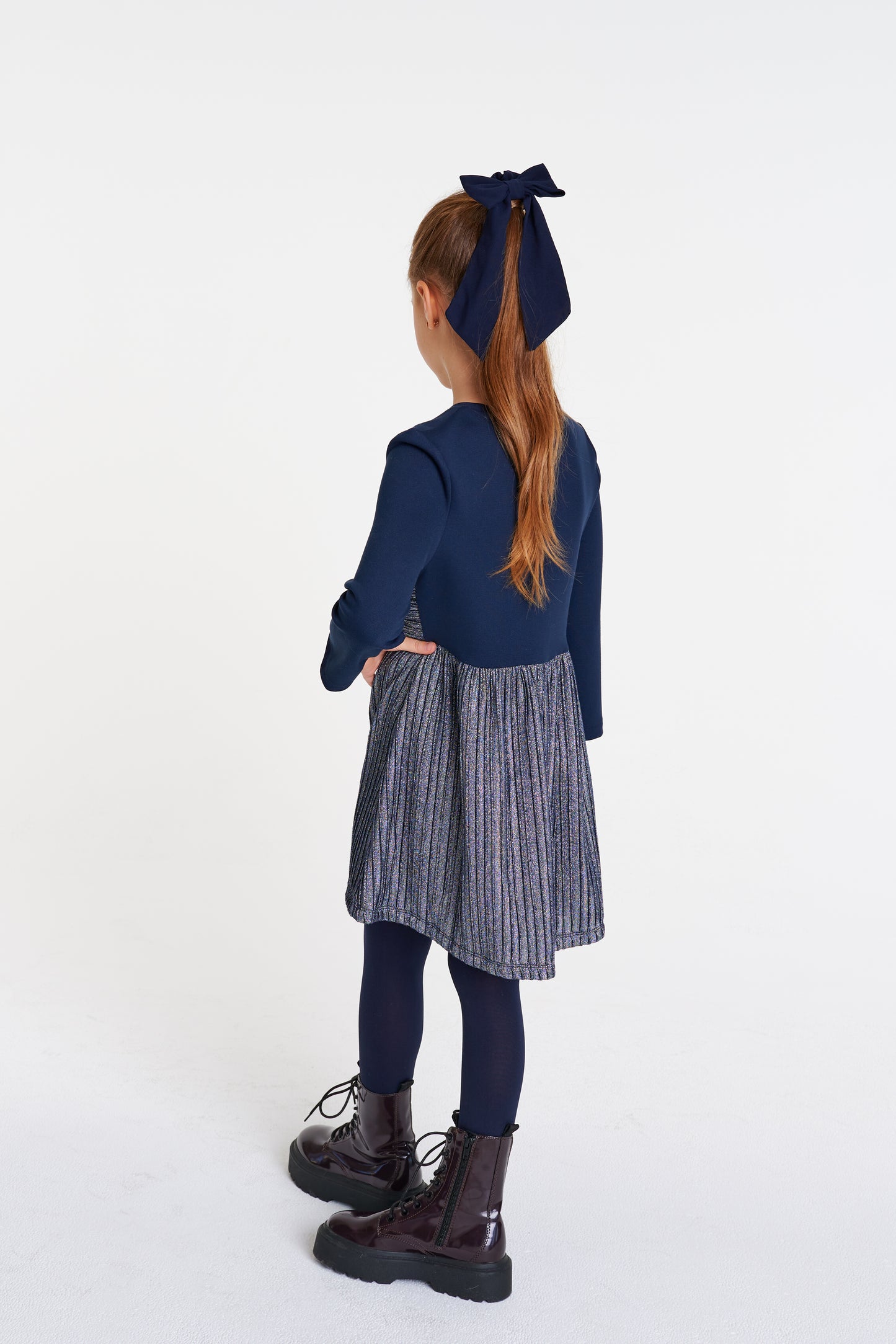 Navy Shimmer Bow Waisted Dress DSL0463