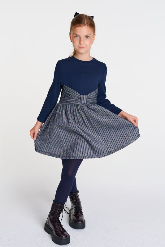 Navy Shimmer Bow Waisted Dress DSL0463