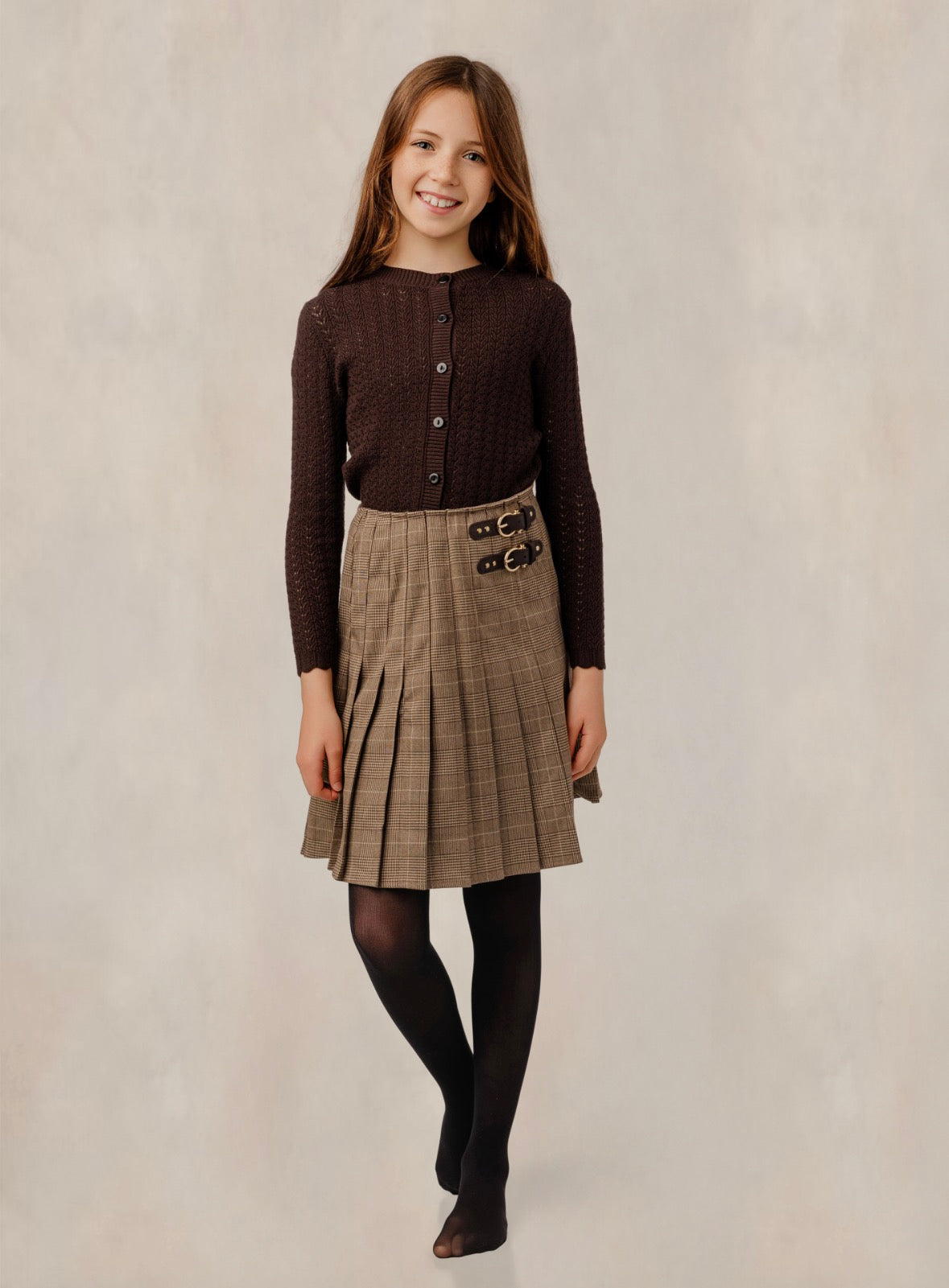 Mocha Plaid Pleated Skirt w/ Double Buckle GW6002S-A