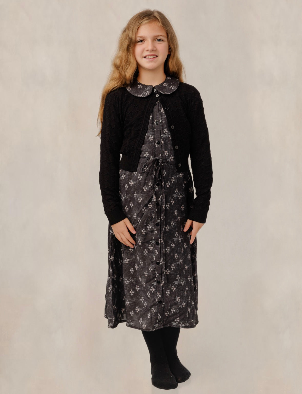 Floral Peter Pan Collar Dress w/ Black Cardigan GW6707D-A