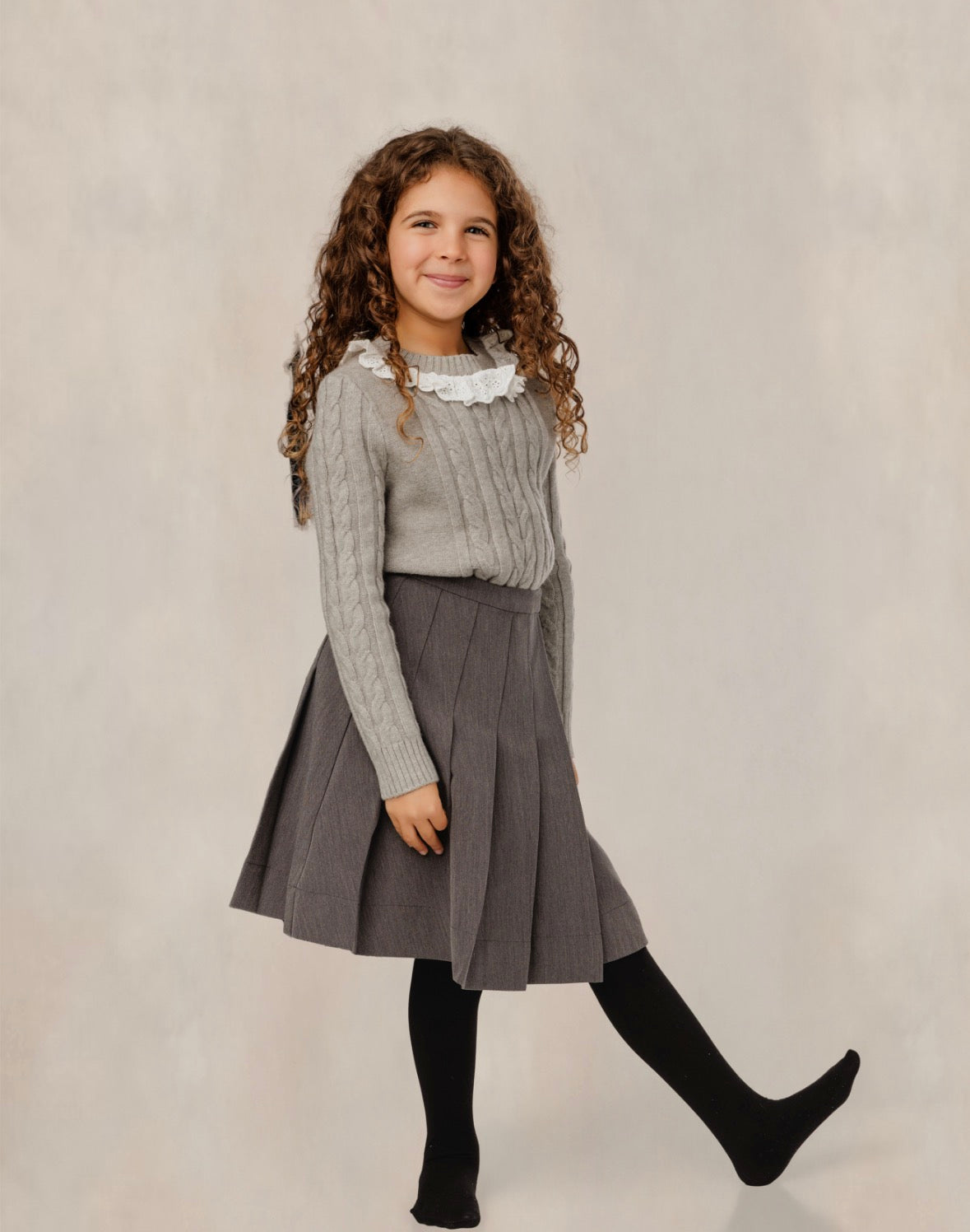 Grey Cable Knit Top w/ White Ruffle GW6134T-A