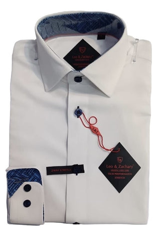 White Navy Performance Tech Stretch L/S Dress Shirt ts 506