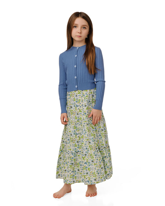 GS6026D Green Floral Dress w/ Blue Cardigan